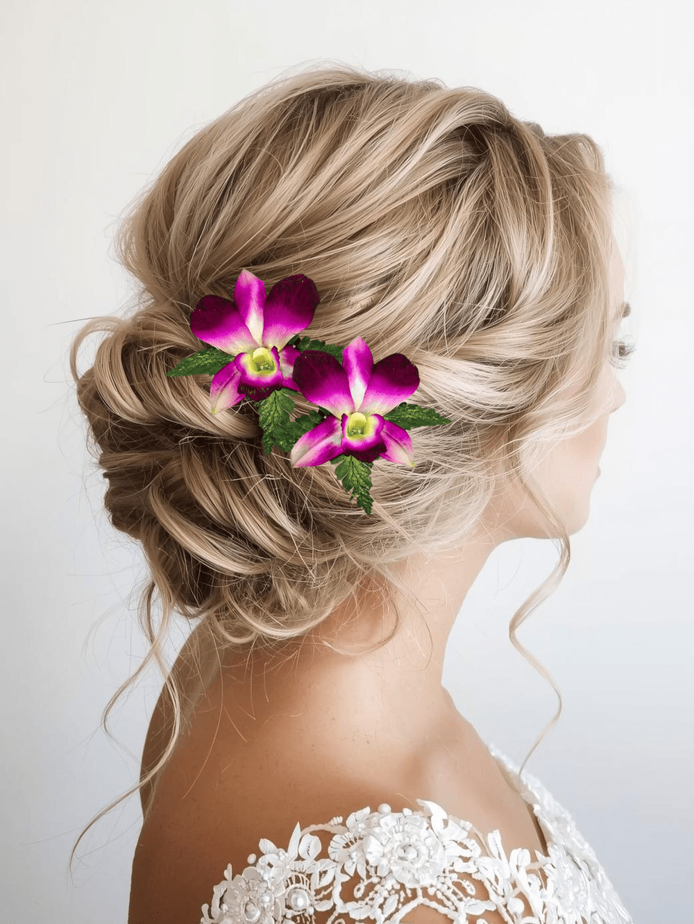 Silk purple dendrobium orchid hair pins with Swarovski crystal or